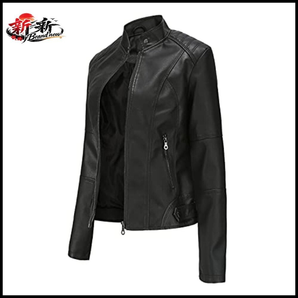 Faux Leather Bomber Jacket Women's Belted Motorcycle Jacket - Picture 3 of 7